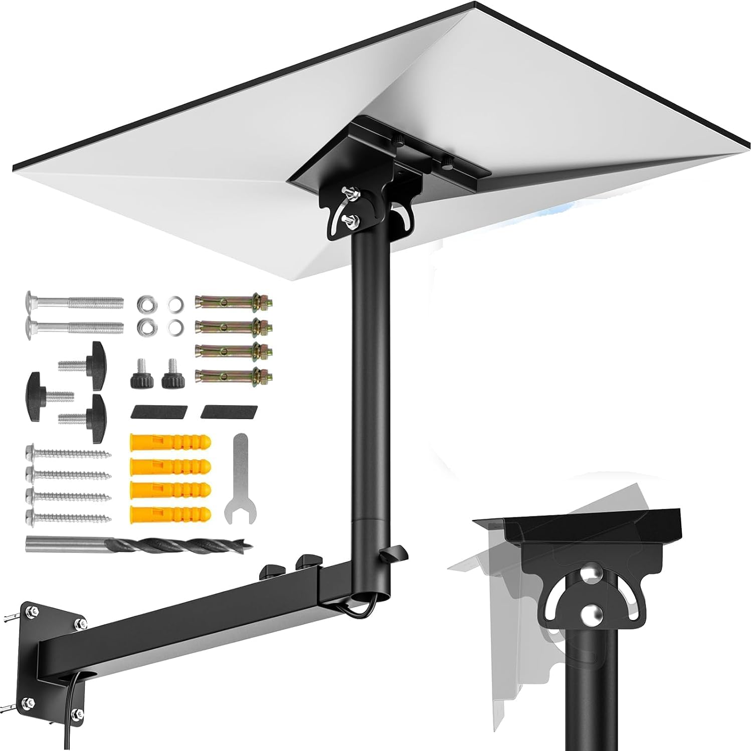 Supplied Starlink V5 bracket image showing wall plate, arm, mast, tilt bracket and hardware