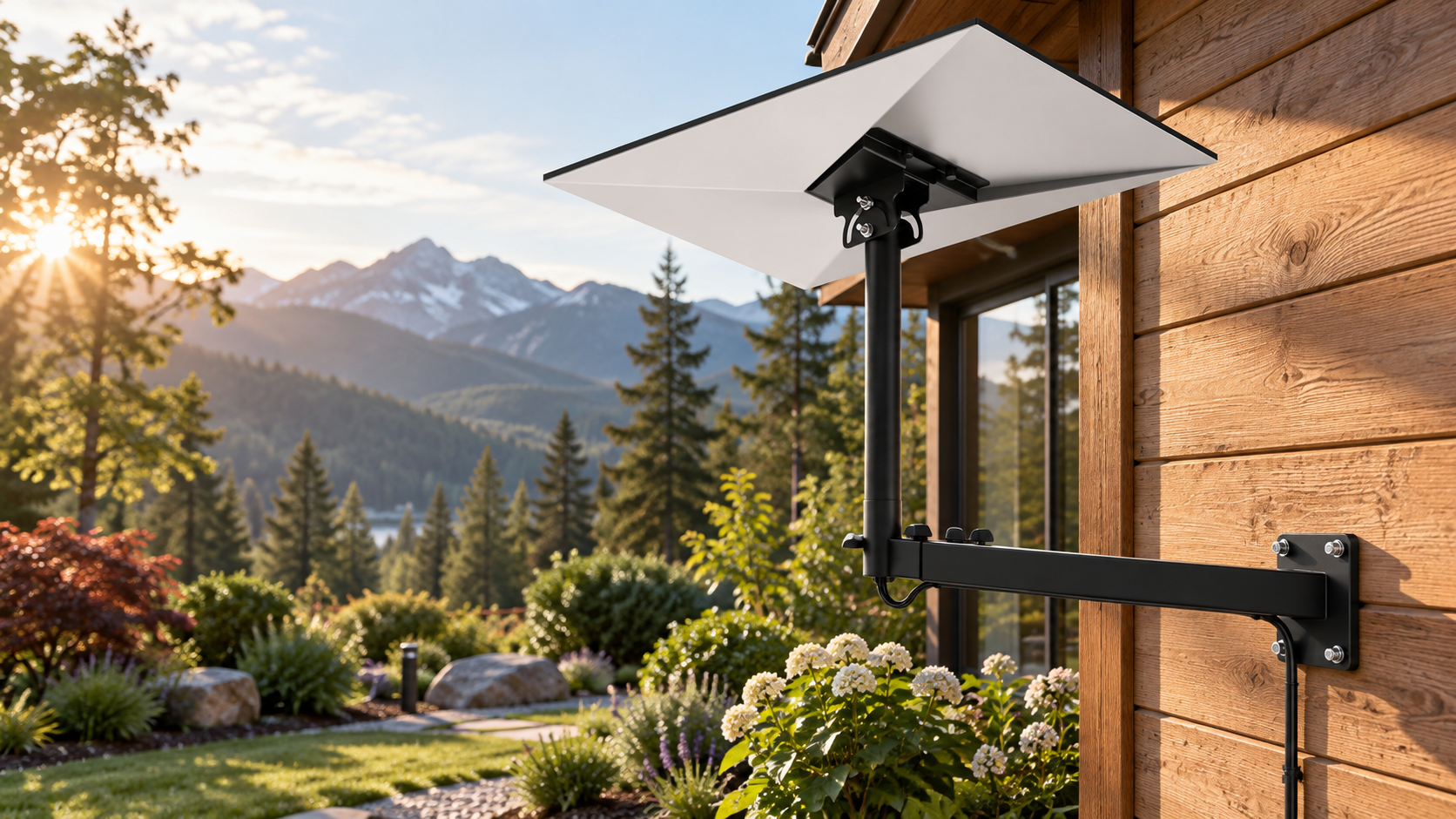 AI concept visualization of the V5 wall mount on a countryside cabin exterior